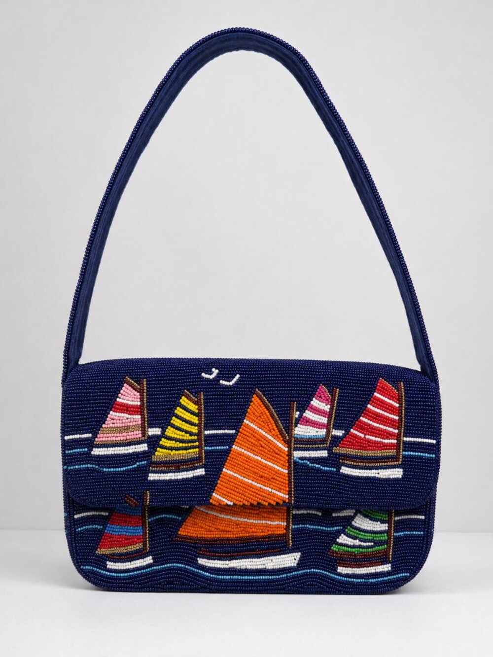 Hand Beaded Sailboat Shoulder Bag Nautical Coastal Purse
